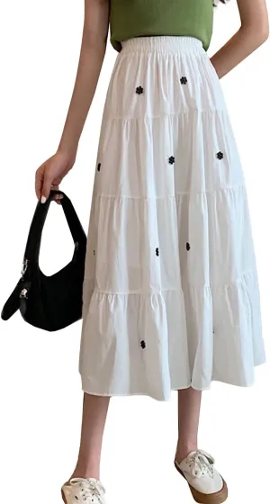 PEHMEA Women's A Line High Waist Tiered Pleated Midi Skirt with Bead