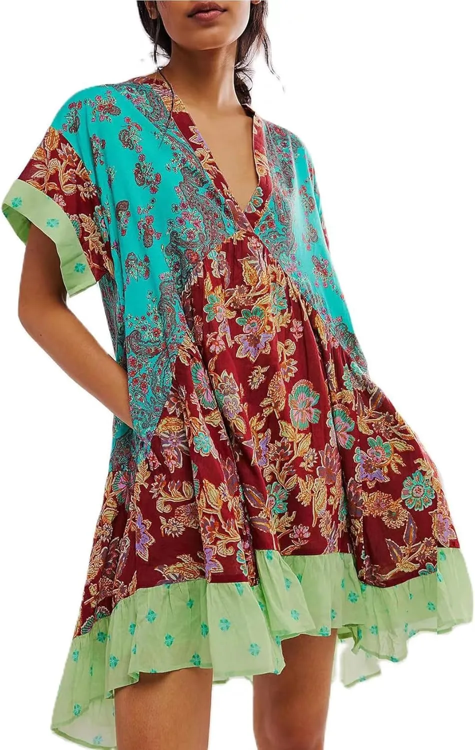 Perbai Women's Boho Summer Dresses Casual Deep V Neck Short Sleeve Mini Beach Dress Floral Ruffle Flowy Short Sundress