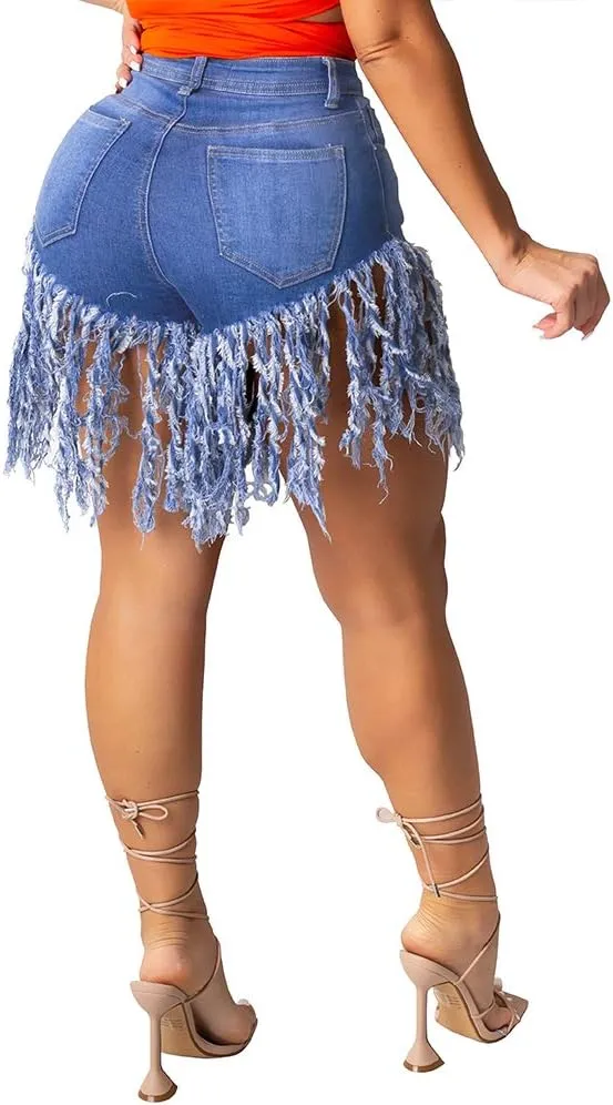 PINSV Women's Denim Shorts Summer High Waisted Frayed Raw Hem Ripped Tassels Sexy Short Pants Jeans