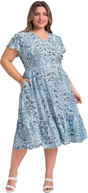 Plus Size Dress for Women Boho Floral Print V Neck Cap Sleeve A Line Flowy Midi Dresses with Pockets