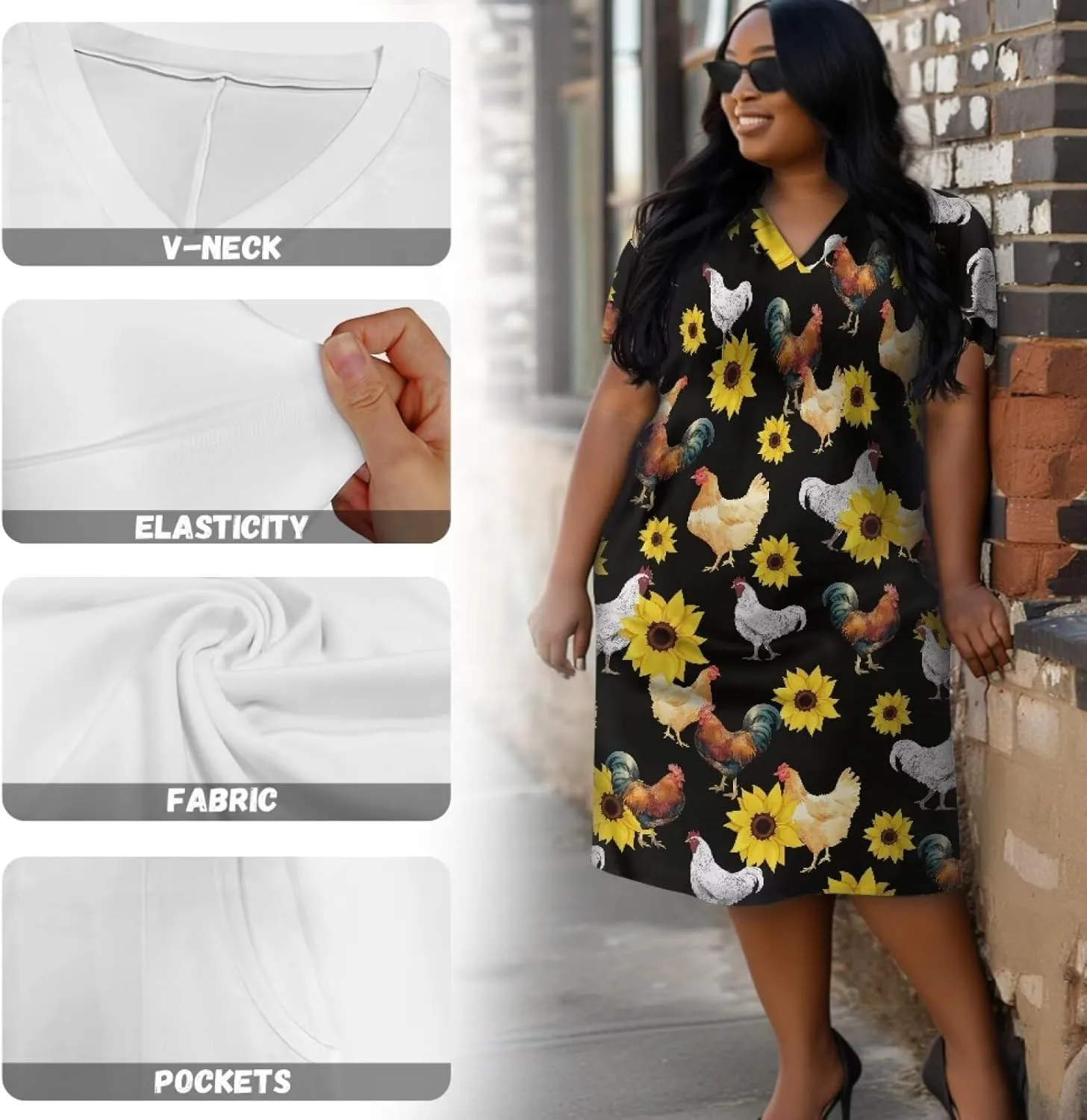 POLERO Plus Size Dress for Women Short Sleeve Midi Dress with Pockets Casual V Neck Tshirt Dresses