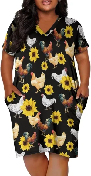 POLERO Plus Size Dress for Women Short Sleeve Midi Dress with Pockets Casual V Neck Tshirt Dresses