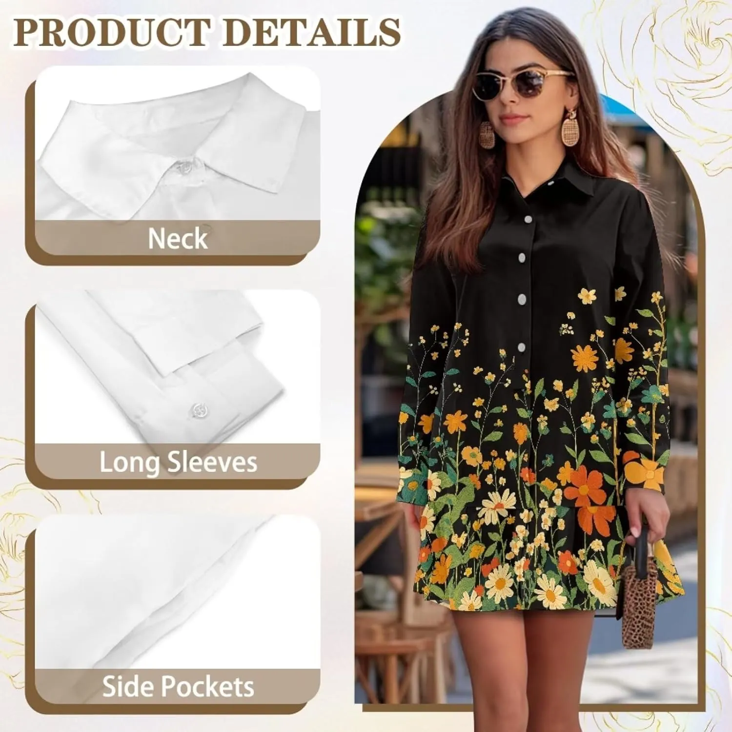 POLERO Womens Floral Mini Shirt Dress V Neck Ruffle Hem Mini Dresses with Pockets Short Dress