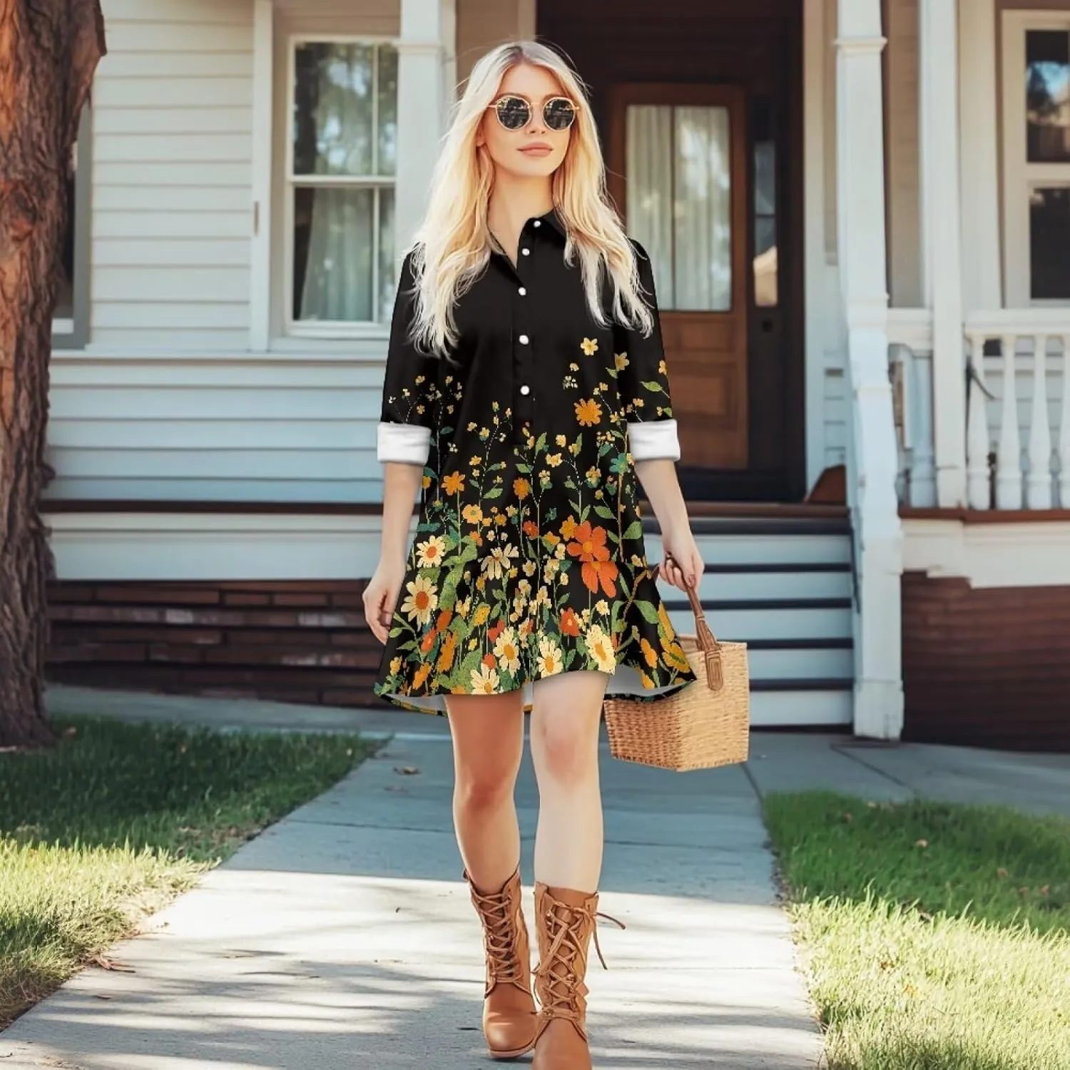 POLERO Womens Floral Mini Shirt Dress V Neck Ruffle Hem Mini Dresses with Pockets Short Dress