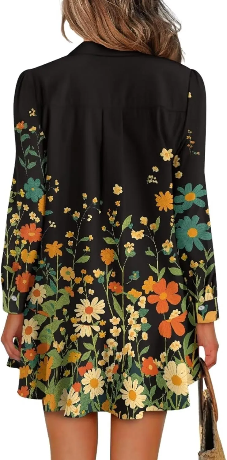 POLERO Womens Floral Mini Shirt Dress V Neck Ruffle Hem Mini Dresses with Pockets Short Dress