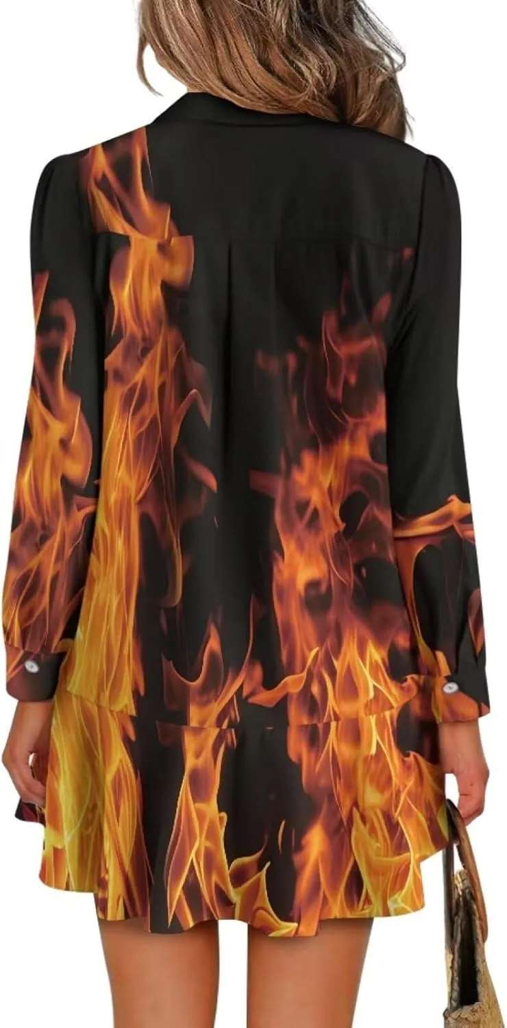 POLERO Womens Floral Mini Shirt Dress V Neck Ruffle Hem Mini Dresses with Pockets Short Dress