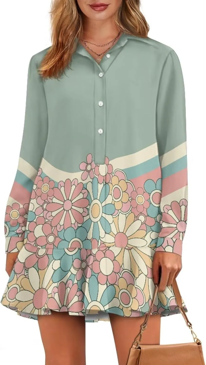 POLERO Womens Tunic Shirt Dress Long Sleeve Short Sundress Button Down V Neck Mini Dress with Pocket