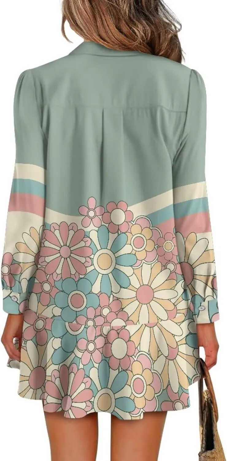POLERO Womens Tunic Shirt Dress Long Sleeve Short Sundress Button Down V Neck Mini Dress with Pocket