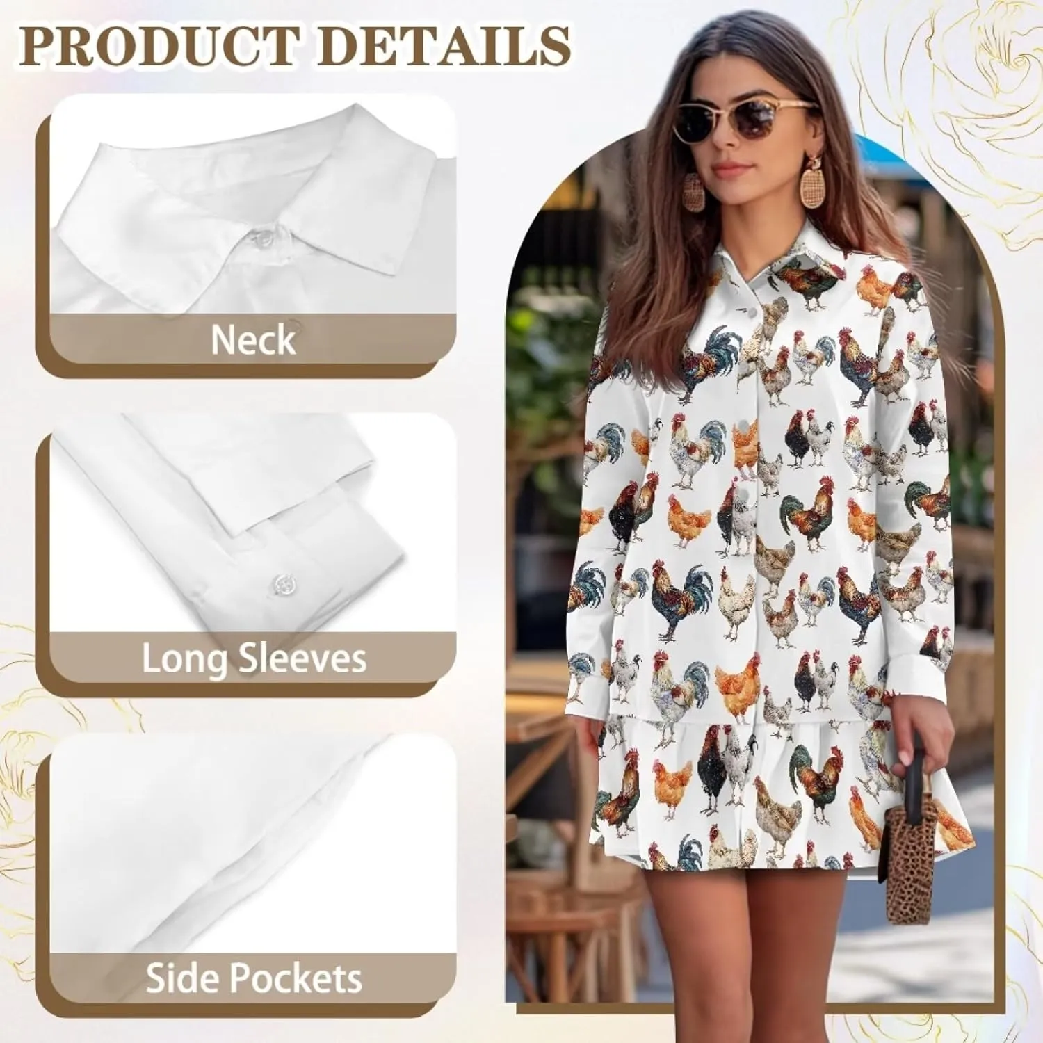 POLERO Womens Tunic Shirt Dress Long Sleeve Short Sundress Button Down V Neck Mini Dress with Pocket
