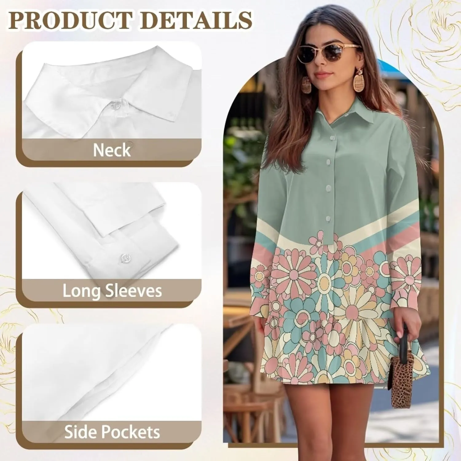 POLERO Womens Tunic Shirt Dress Long Sleeve Short Sundress Button Down V Neck Mini Dress with Pocket
