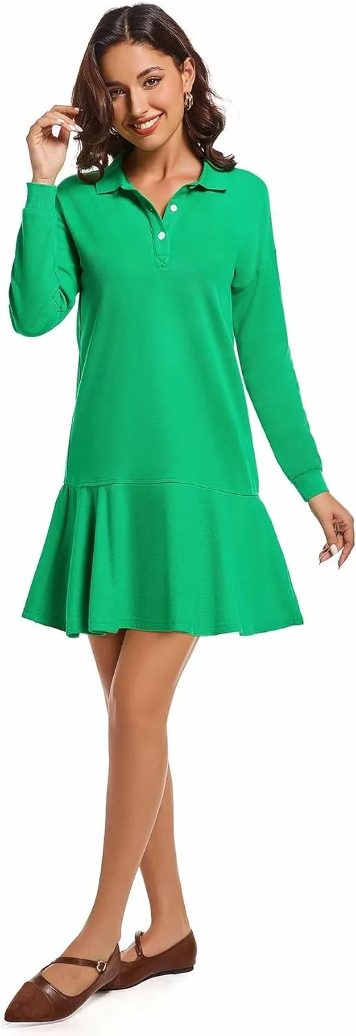 Polo Dress for Women Long Sleeve Ruffle Hem Golf Tennis Workout Dress Spring Mini Dresses