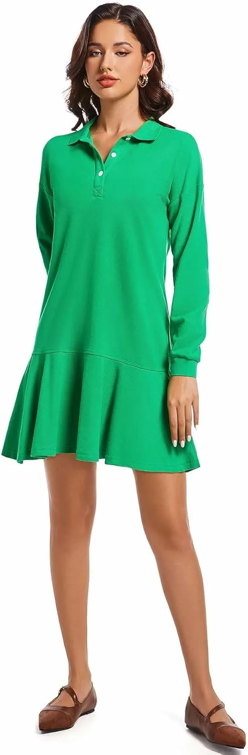 Polo Dress for Women Long Sleeve Ruffle Hem Golf Tennis Workout Dress Spring Mini Dresses