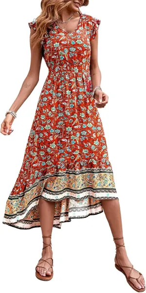 PRETTYGARDEN 2025 Women's Summer Maxi Dress Casual Floral V Neck Cap Sleeve Boho High Low Flowy Long Beach Sun Dresses Red