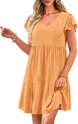 PRETTYGARDEN Women's 2024 Summer Casual Short Dress Cap Sleeve V Neck Tiered Ruffle Swing A Line Dresses