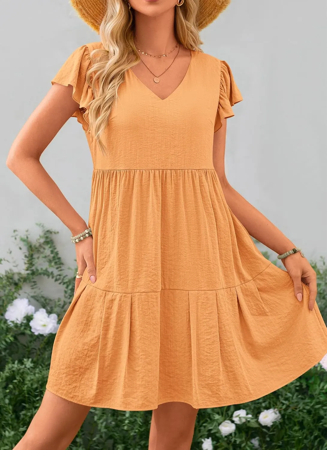 PRETTYGARDEN Women's 2024 Summer Casual Short Dress Cap Sleeve V Neck Tiered Ruffle Swing A Line Dresses