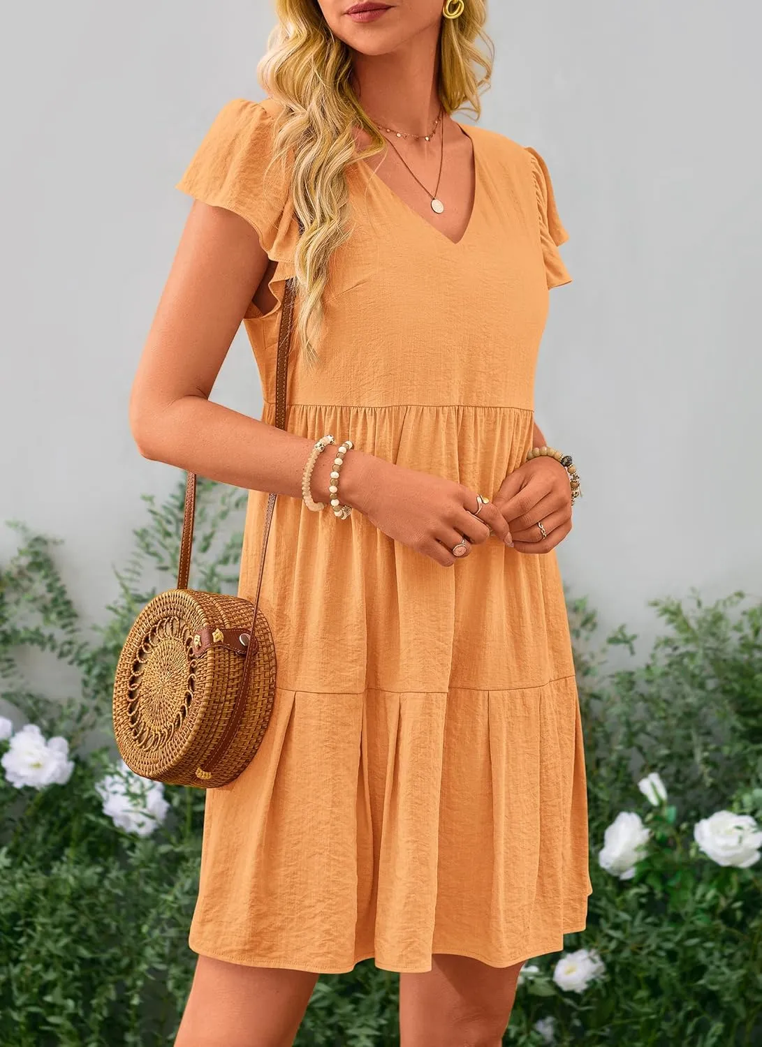 PRETTYGARDEN Women's 2024 Summer Casual Short Dress Cap Sleeve V Neck Tiered Ruffle Swing A Line Dresses