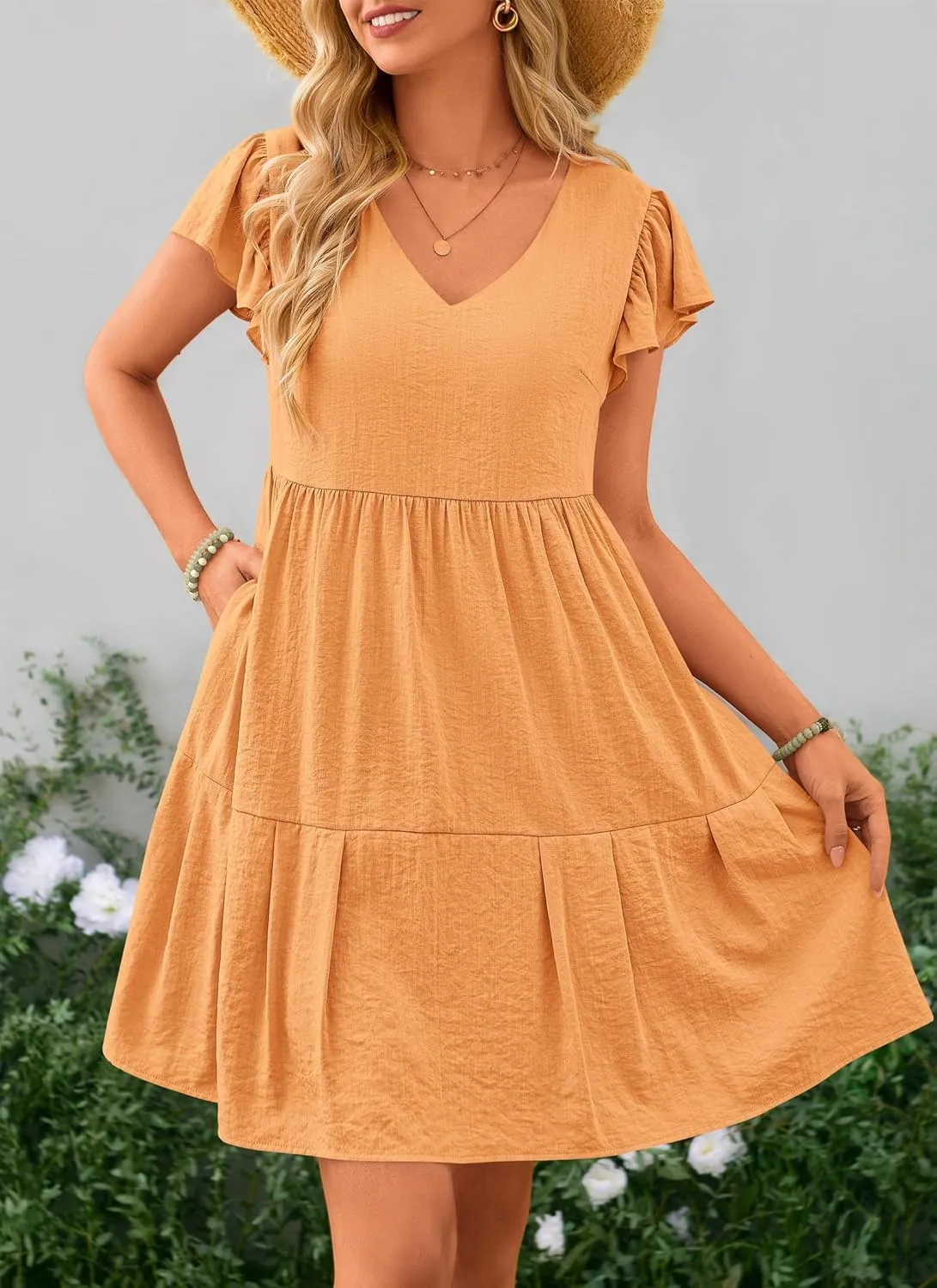 PRETTYGARDEN Women's 2024 Summer Casual Short Dress Cap Sleeve V Neck Tiered Ruffle Swing A Line Dresses