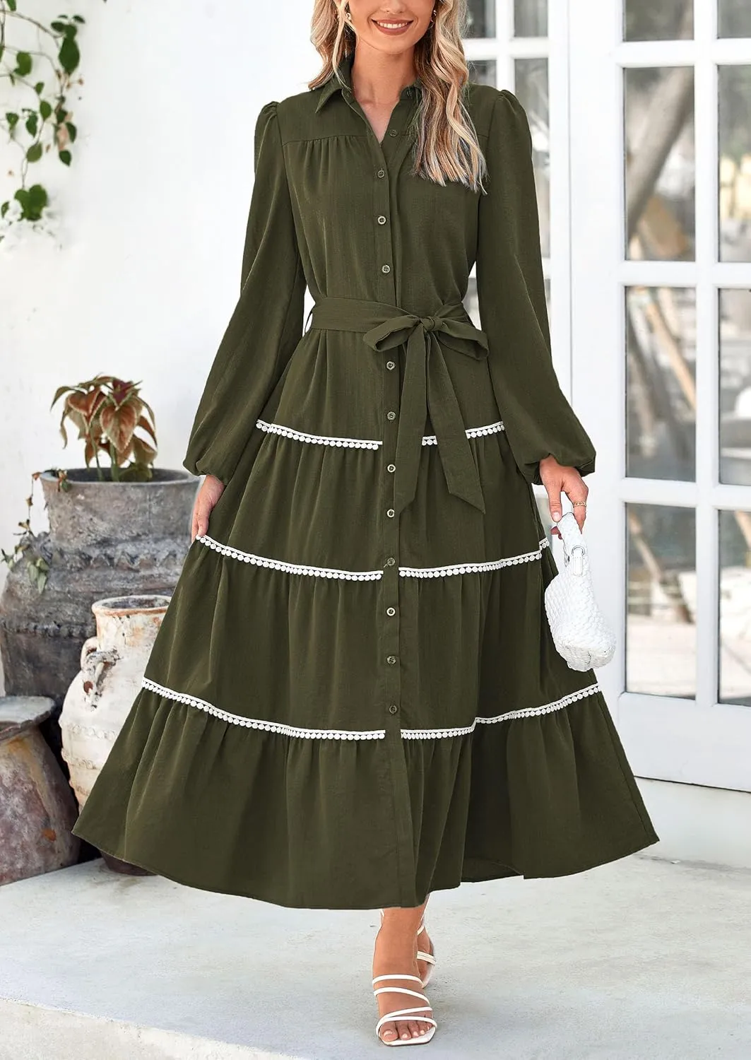 PRETTYGARDEN Womens Casual Dresses Loose Belted Long Lantern Sleeve Tiered Button Down Maxi Shirt Dress with Pockets