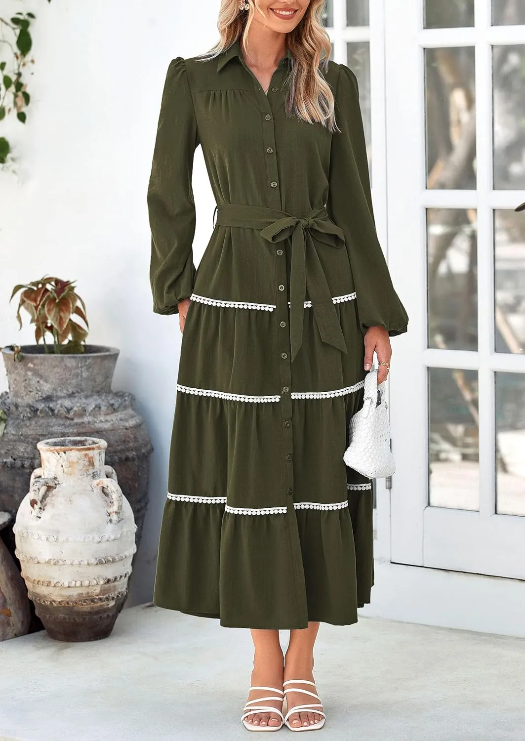 PRETTYGARDEN Womens Casual Dresses Loose Belted Long Lantern Sleeve Tiered Button Down Maxi Shirt Dress with Pockets