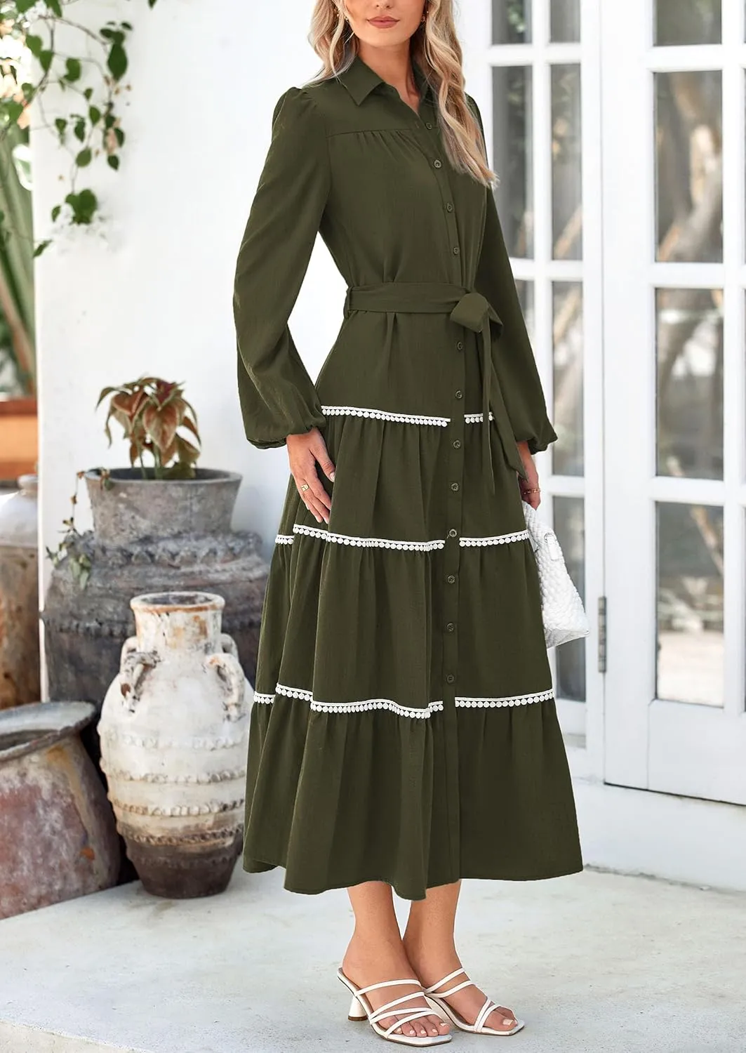 PRETTYGARDEN Womens Casual Dresses Loose Belted Long Lantern Sleeve Tiered Button Down Maxi Shirt Dress with Pockets