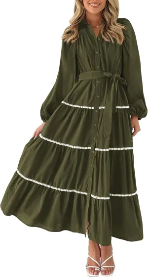 PRETTYGARDEN Womens Casual Dresses Loose Belted Long Lantern Sleeve Tiered Button Down Maxi Shirt Dress with Pockets
