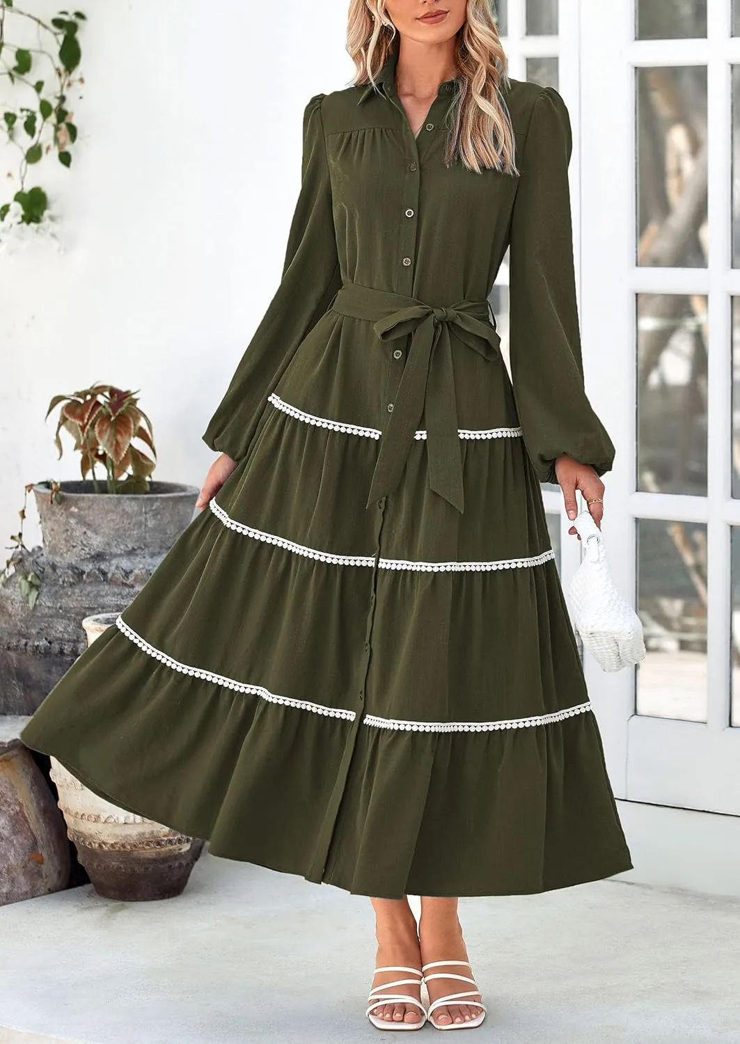 PRETTYGARDEN Womens Casual Dresses Loose Belted Long Lantern Sleeve Tiered Button Down Maxi Shirt Dress with Pockets