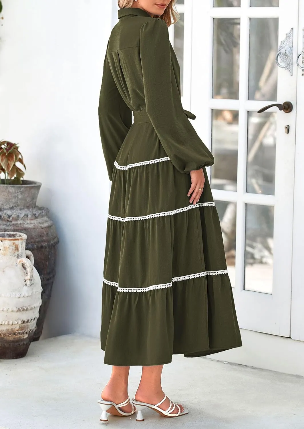 PRETTYGARDEN Womens Casual Dresses Loose Belted Long Lantern Sleeve Tiered Button Down Maxi Shirt Dress with Pockets
