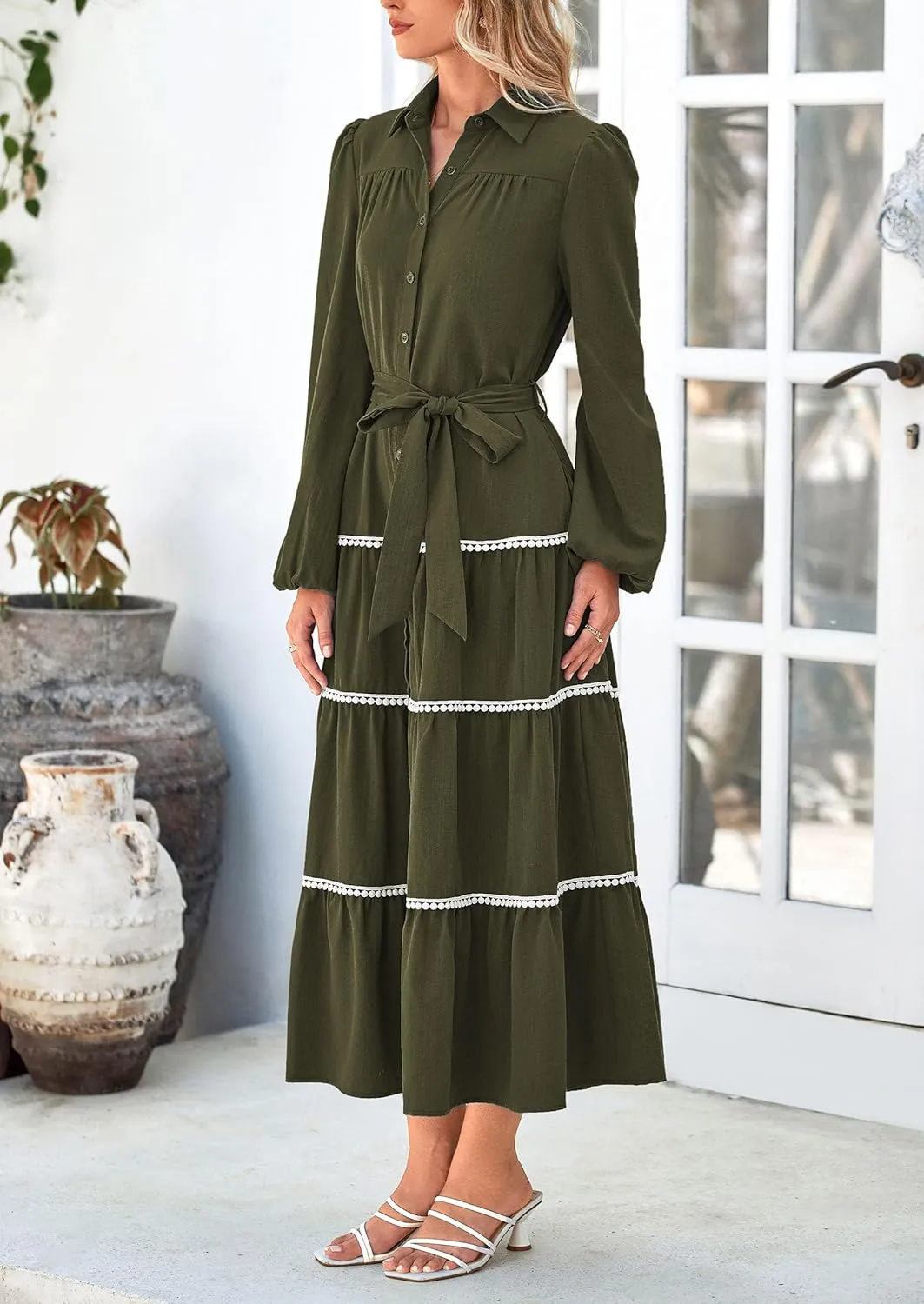 PRETTYGARDEN Womens Casual Dresses Loose Belted Long Lantern Sleeve Tiered Button Down Maxi Shirt Dress with Pockets