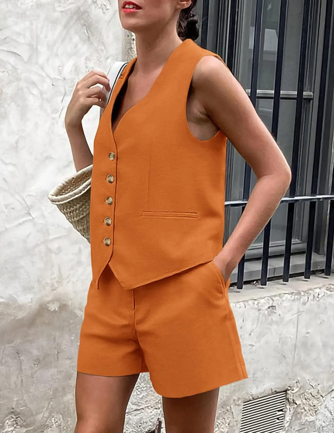 PRETTYGARDEN Women's Summer 2 Piece Outfits Sleeveless Matching Sets Button Down V Neck Vest Waistcoat and Pockets Shorts