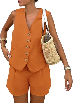 PRETTYGARDEN Women's Summer 2 Piece Outfits Sleeveless Matching Sets Button Down V Neck Vest Waistcoat and Pockets Shorts
