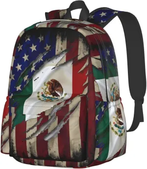 Proud Mexican American Flag Mexican Roots Laptop Commuter Backpack Shoulder Bag Casual Back Pack Daypack Bags With Side Pockets For Work Travel Daily Use