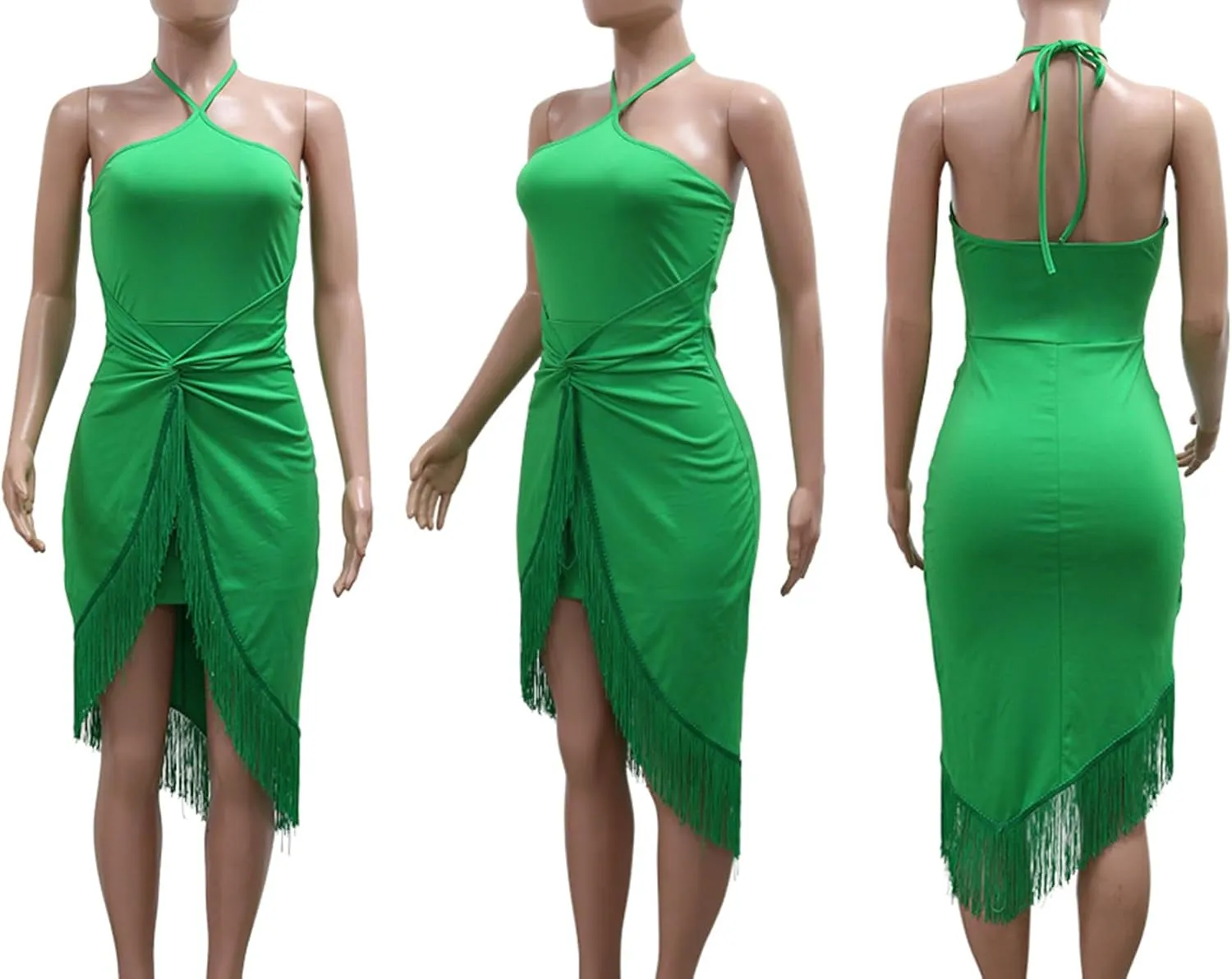 Ptorlio Summer Halter Dresses for Women Sexy Midi Party Beach Bodycon Backless Ruched Fringe Asymmetrical Dress