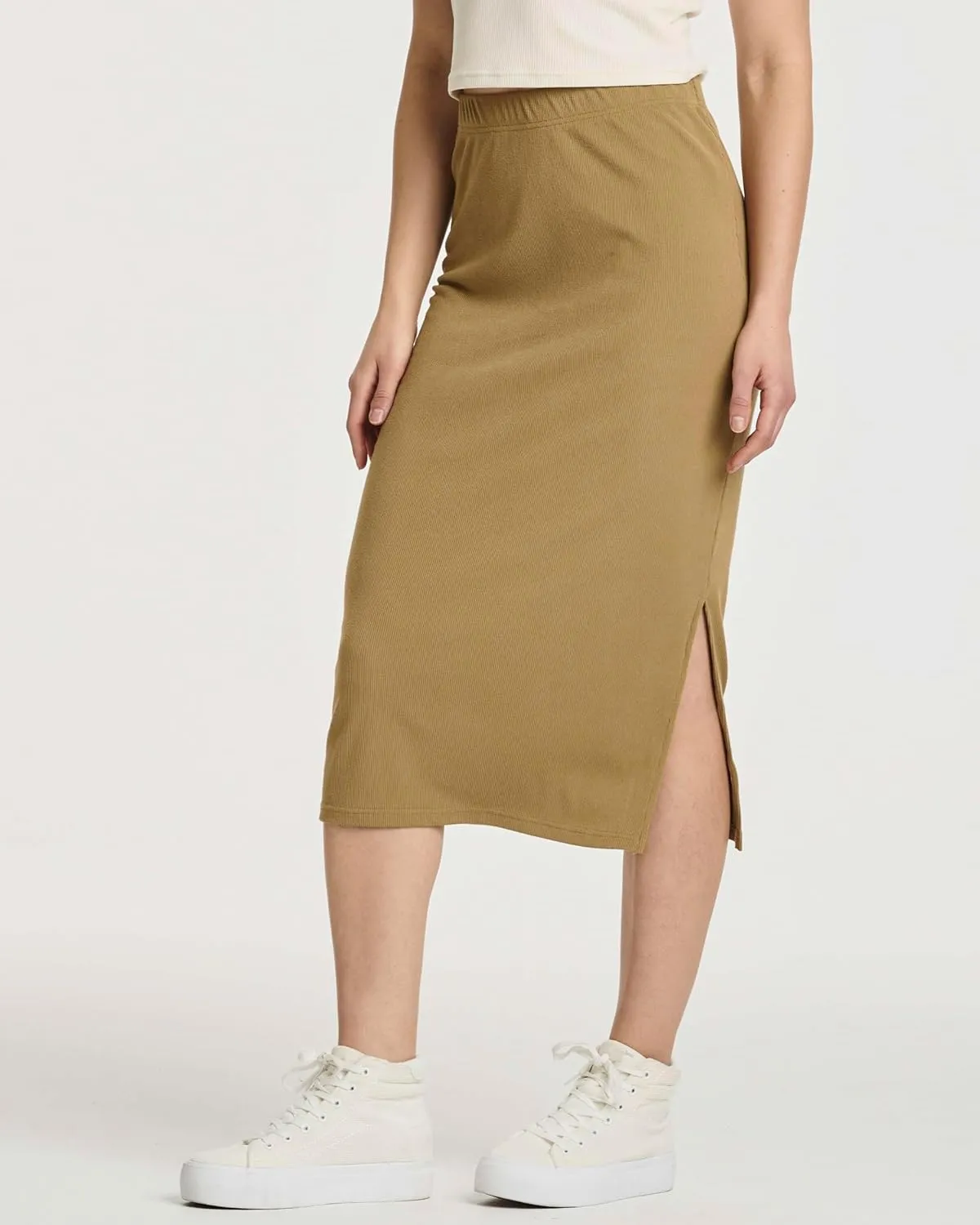 Real Essentials 3 Pack: Women's Midi Ribbed Knit Skirt with Side Slit - Stretchy Work Business Casual Pencil Pull-On Skirts