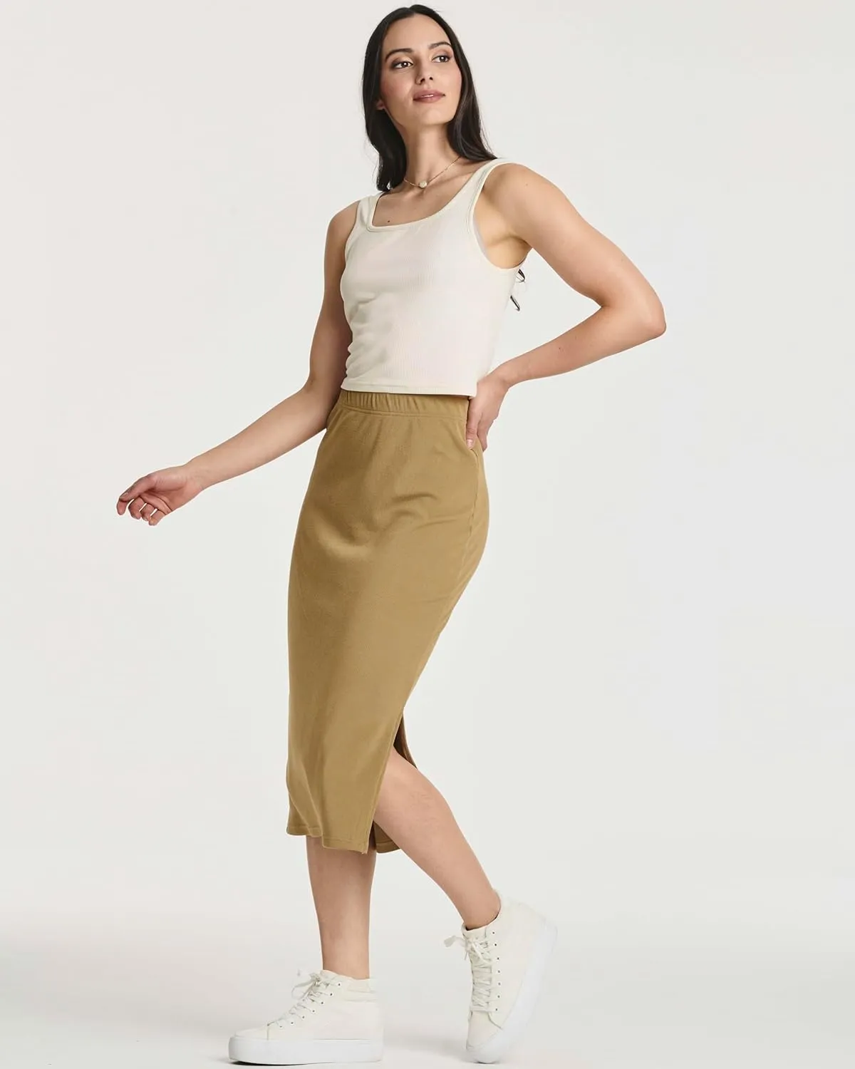 Real Essentials 3 Pack: Women's Midi Ribbed Knit Skirt with Side Slit - Stretchy Work Business Casual Pencil Pull-On Skirts
