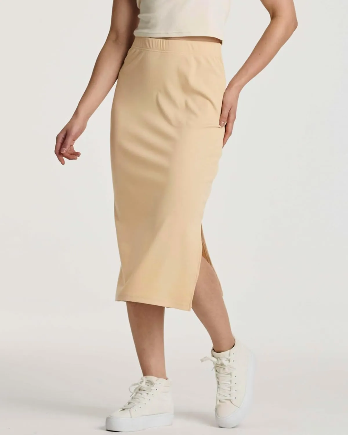 Real Essentials 3 Pack: Women's Midi Ribbed Knit Skirt with Side Slit - Stretchy Work Business Casual Pencil Pull-On Skirts