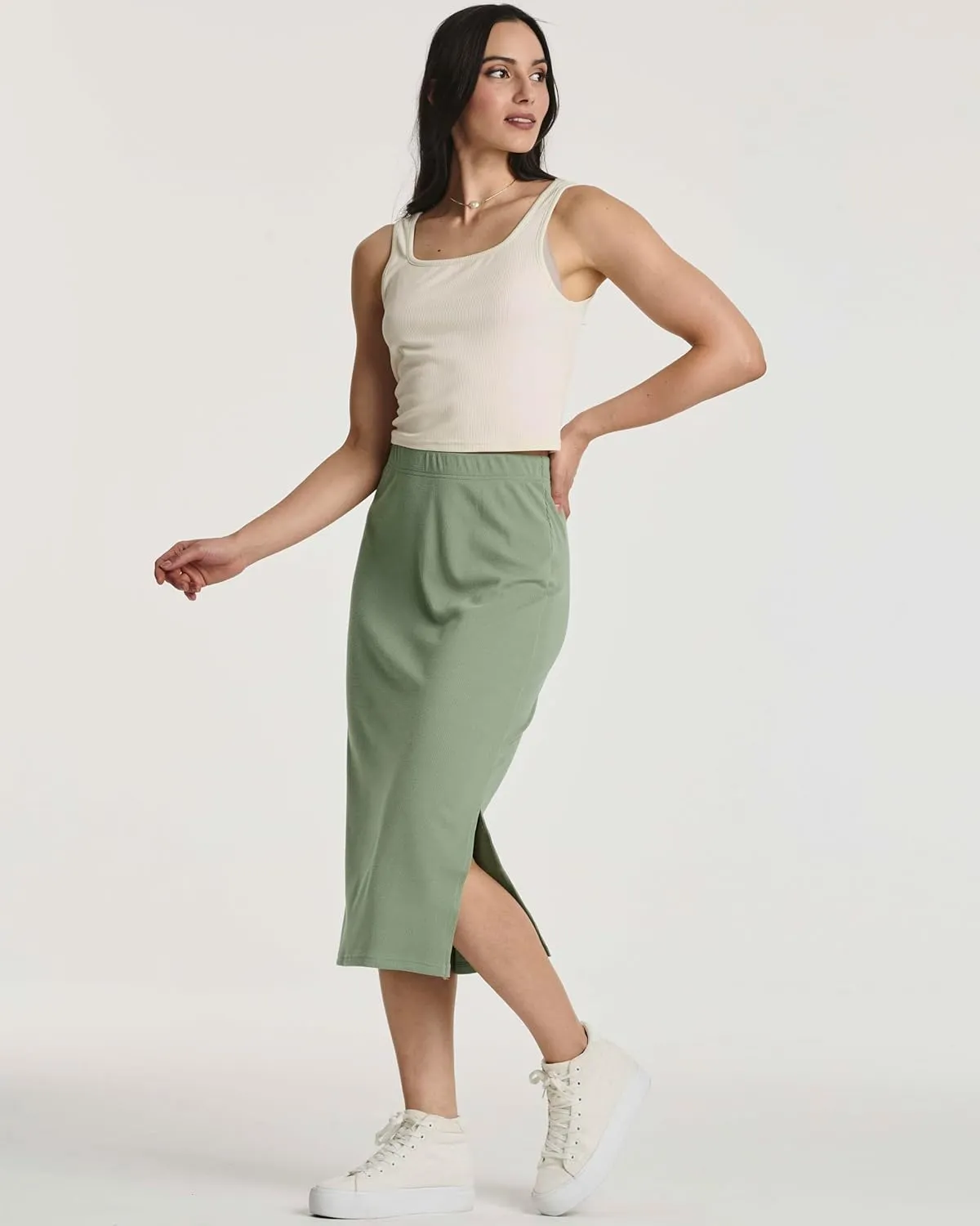 Real Essentials 3 Pack: Women's Midi Ribbed Knit Skirt with Side Slit - Stretchy Work Business Casual Pencil Pull-On Skirts