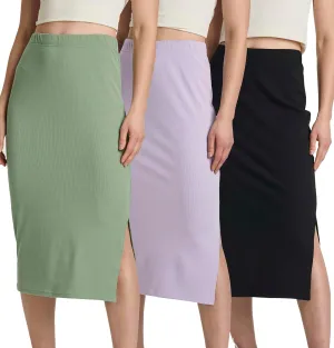 Real Essentials 3 Pack: Women's Midi Ribbed Knit Skirt with Side Slit - Stretchy Work Business Casual Pencil Pull-On Skirts