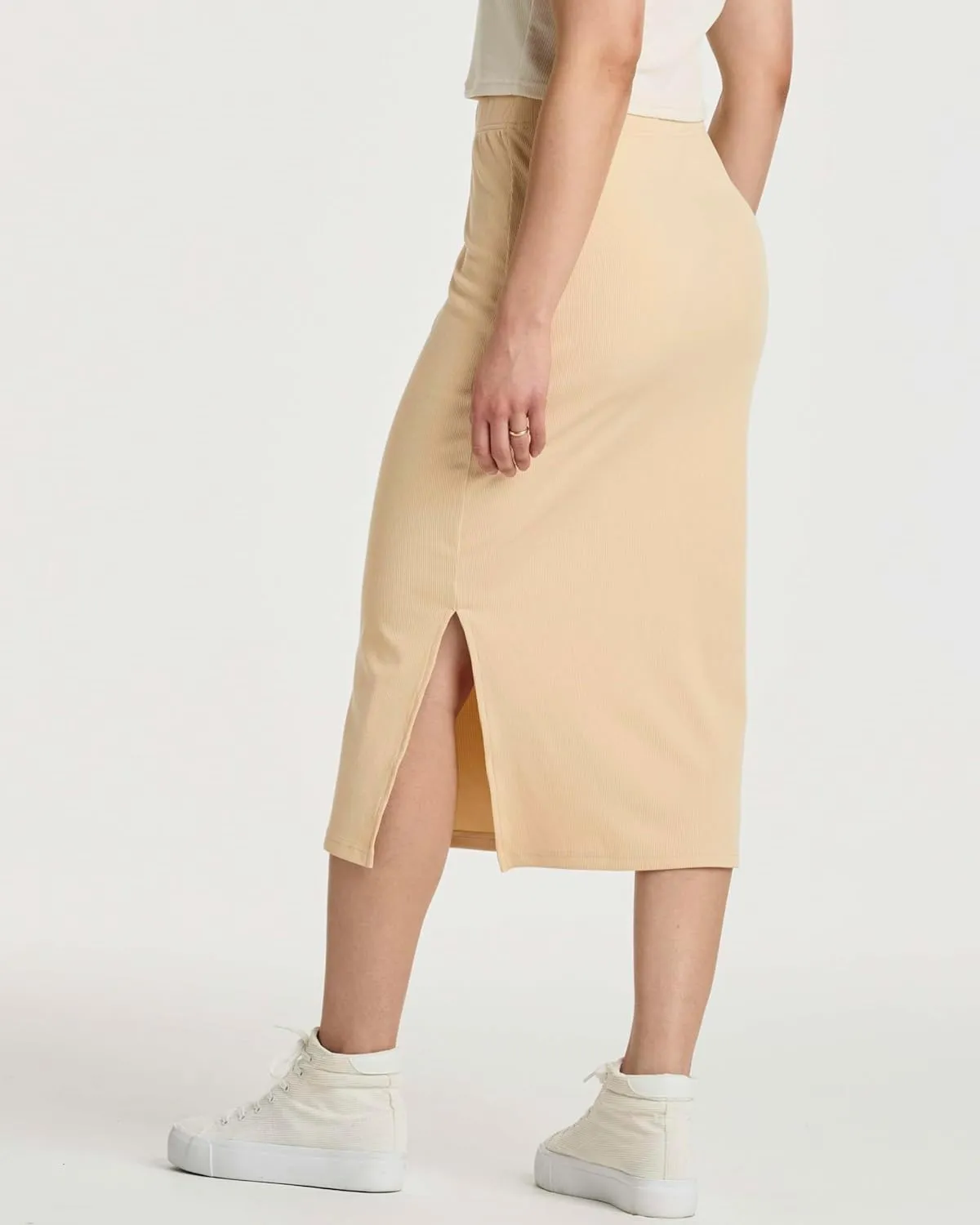 Real Essentials 3 Pack: Women's Midi Ribbed Knit Skirt with Side Slit - Stretchy Work Business Casual Pencil Pull-On Skirts