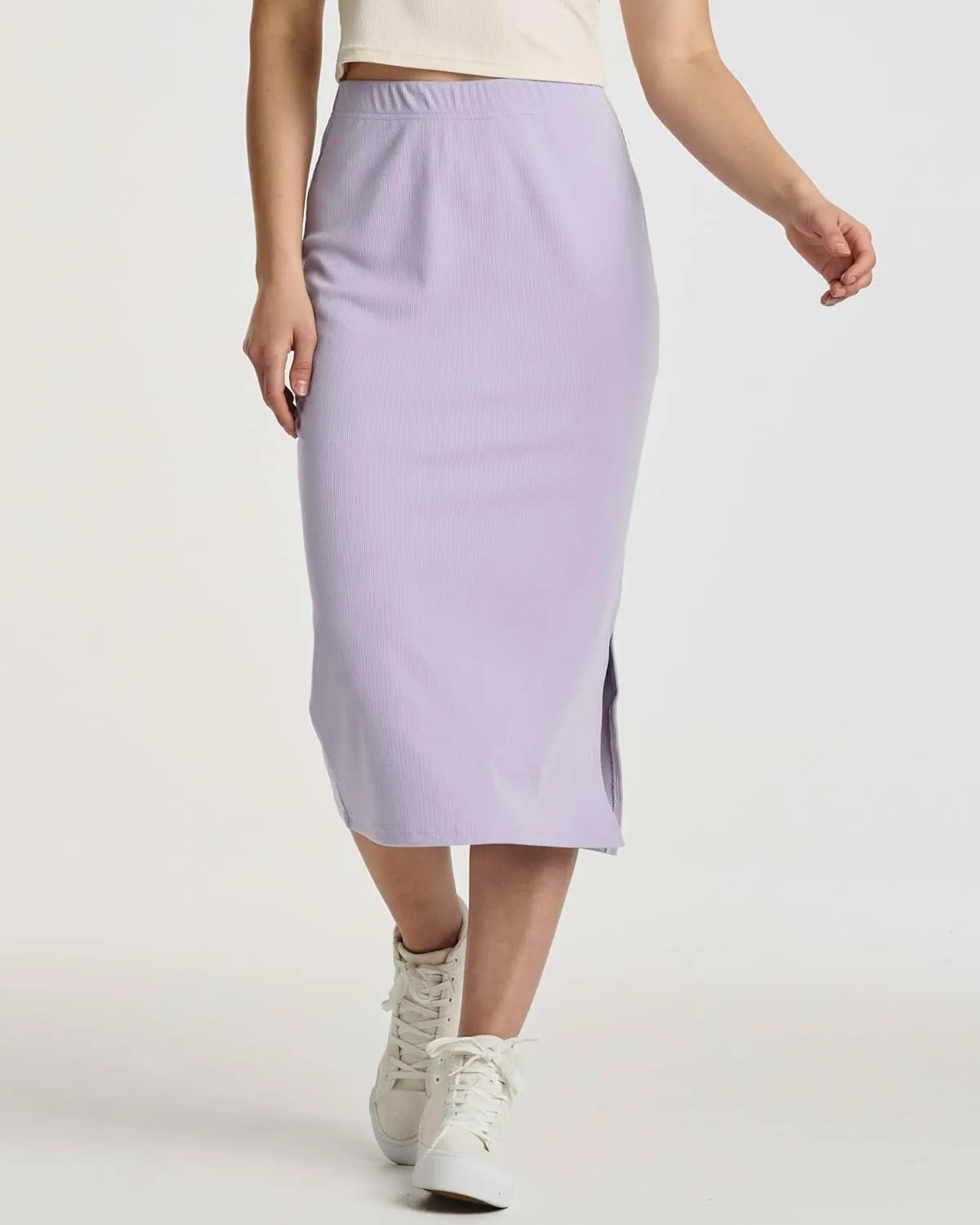Real Essentials 3 Pack: Women's Midi Ribbed Knit Skirt with Side Slit - Stretchy Work Business Casual Pencil Pull-On Skirts