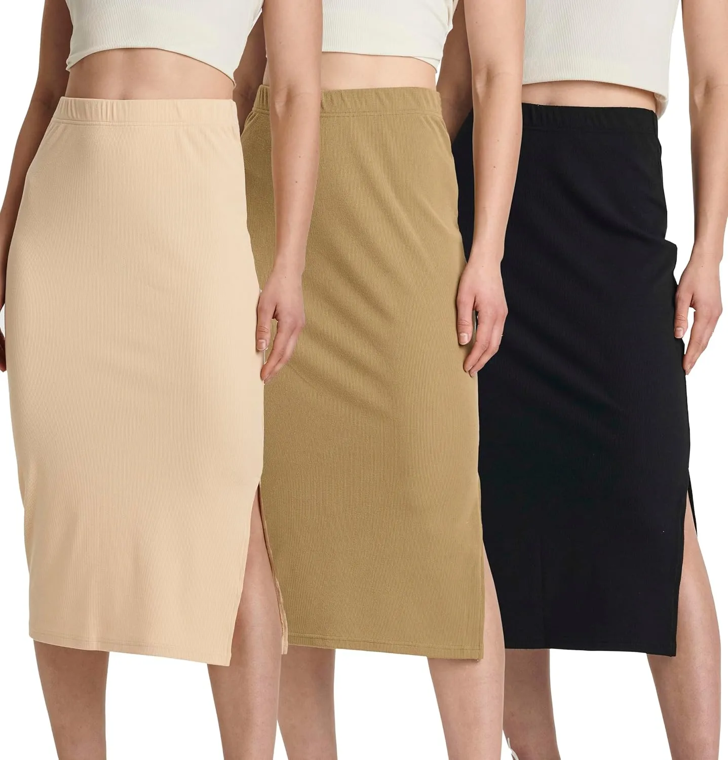 Real Essentials 3 Pack: Women's Midi Ribbed Knit Skirt with Side Slit - Stretchy Work Business Casual Pencil Pull-On Skirts