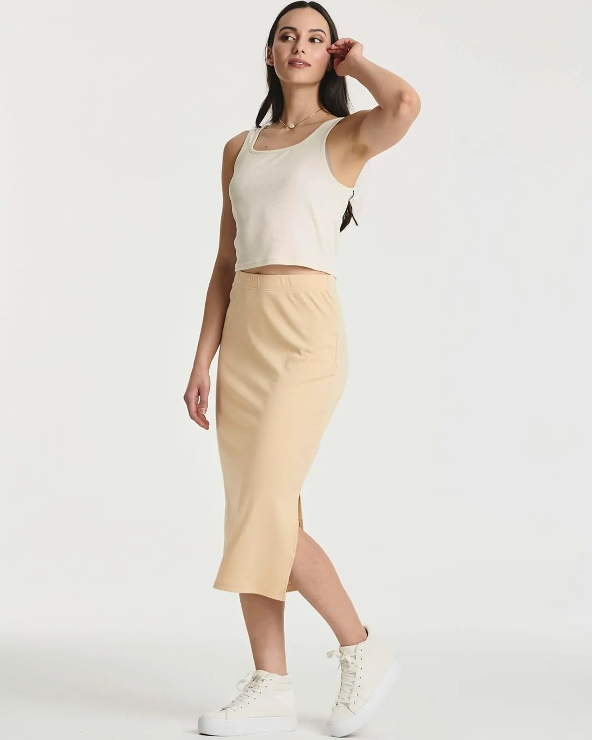 Real Essentials 3 Pack: Women's Midi Ribbed Knit Skirt with Side Slit - Stretchy Work Business Casual Pencil Pull-On Skirts