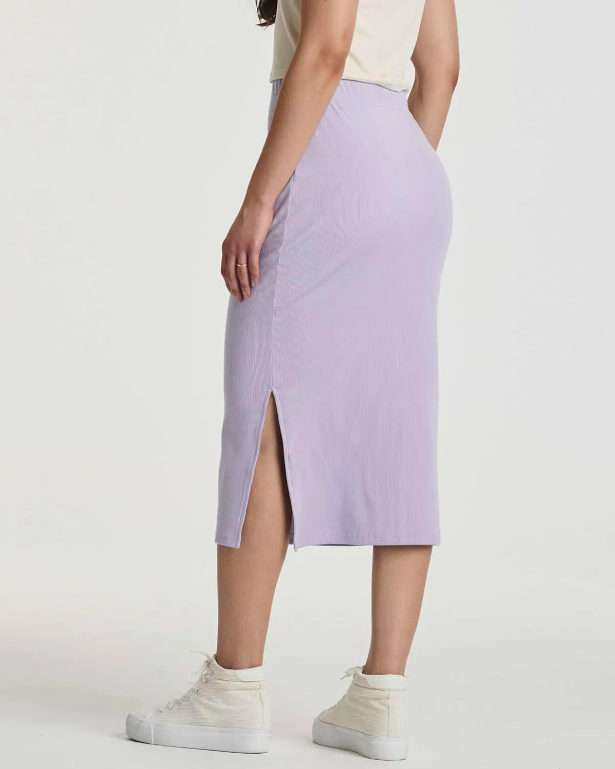 Real Essentials 3 Pack: Women's Midi Ribbed Knit Skirt with Side Slit - Stretchy Work Business Casual Pencil Pull-On Skirts