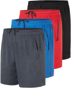 Real Essentials 4 Pack: Men's 5" Mesh Quick-Dry Athletic Running Gym Shorts with Zipper Pockets (Available in Big & Tall)