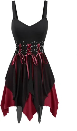Retro Womens Dress Vampire Backless Sleeveless Gothic Lace-up D-Ring Backless Vintage Punk Mini Dress