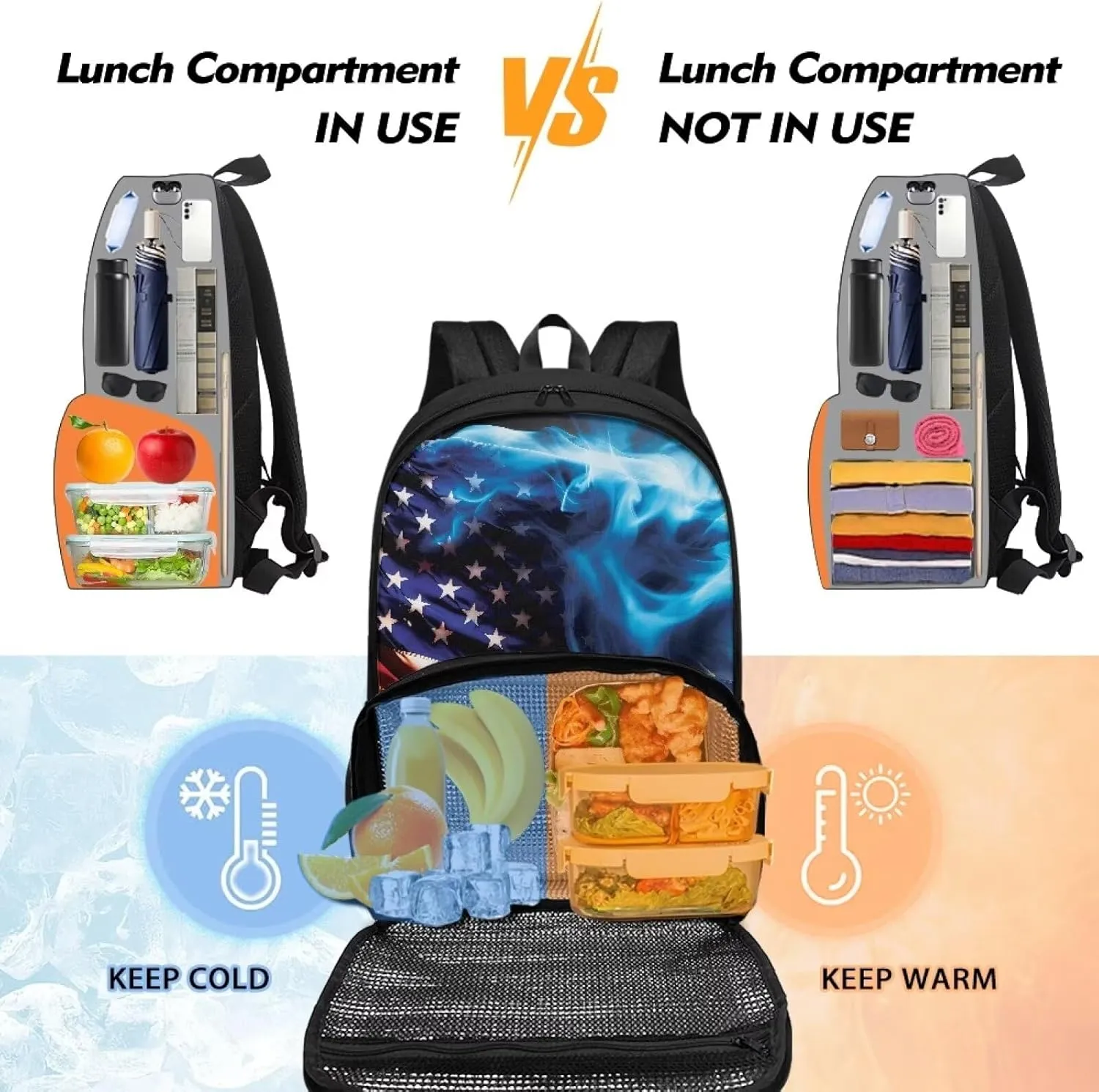Rnyleeg 17" Kids Bookbag for Boys Insulated Cooler Lunch Box Laptop Backpack Children Backpack with Lunch Bag Set School Backpack Lightweigh Casual Daypack American Flag
