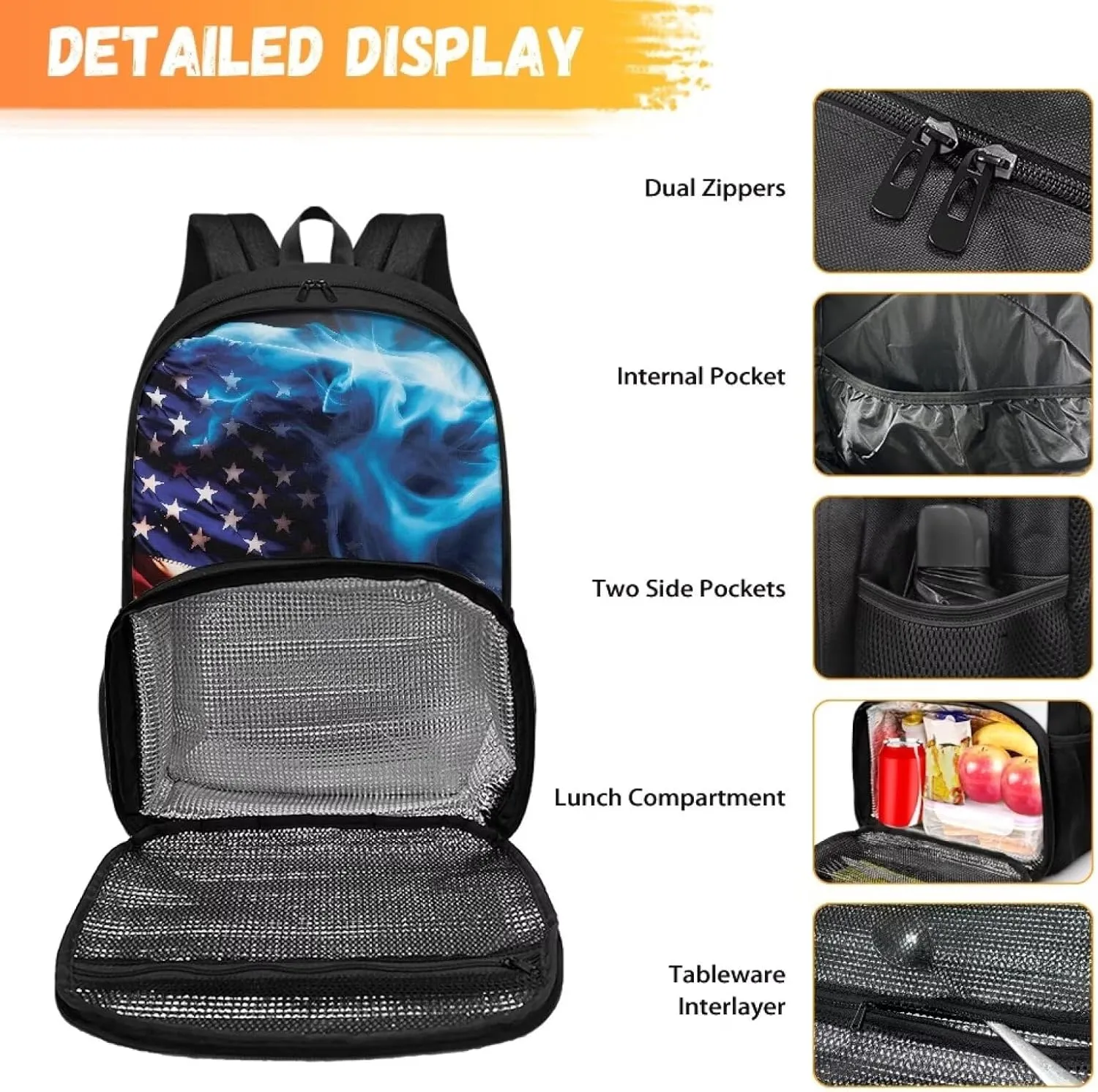 Rnyleeg 17" Kids Bookbag for Boys Insulated Cooler Lunch Box Laptop Backpack Children Backpack with Lunch Bag Set School Backpack Lightweigh Casual Daypack American Flag