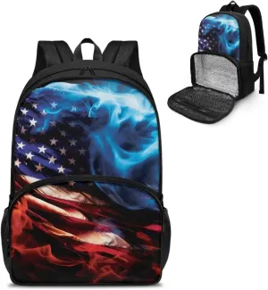 Rnyleeg 17" Kids Bookbag for Boys Insulated Cooler Lunch Box Laptop Backpack Children Backpack with Lunch Bag Set School Backpack Lightweigh Casual Daypack American Flag