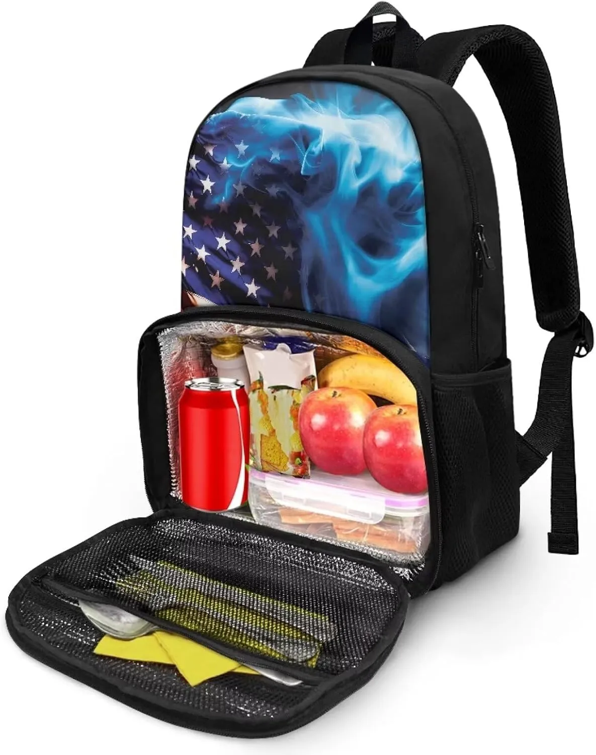 Rnyleeg 17" Kids Bookbag for Boys Insulated Cooler Lunch Box Laptop Backpack Children Backpack with Lunch Bag Set School Backpack Lightweigh Casual Daypack American Flag