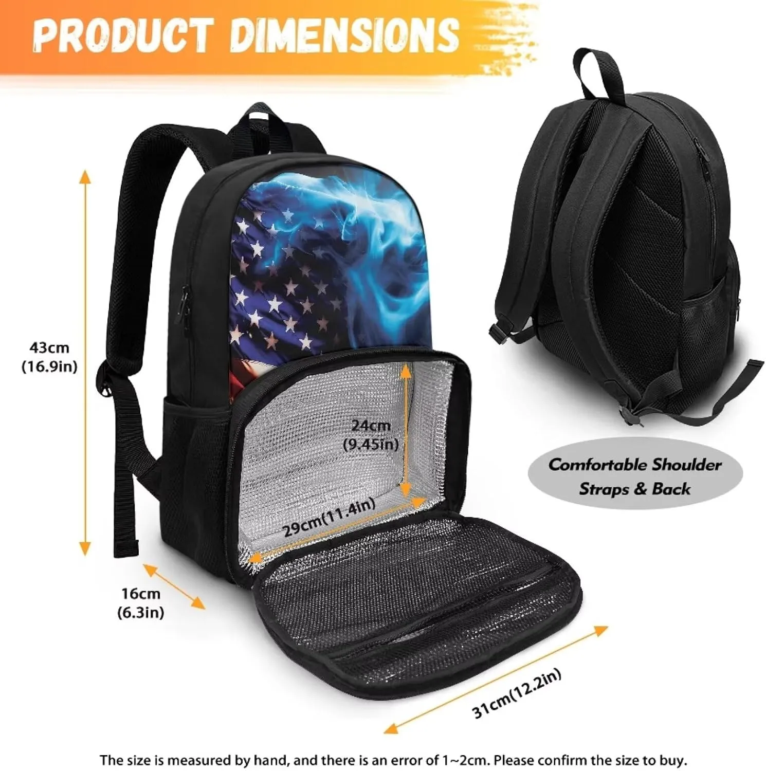 Rnyleeg 17" Kids Bookbag for Boys Insulated Cooler Lunch Box Laptop Backpack Children Backpack with Lunch Bag Set School Backpack Lightweigh Casual Daypack American Flag