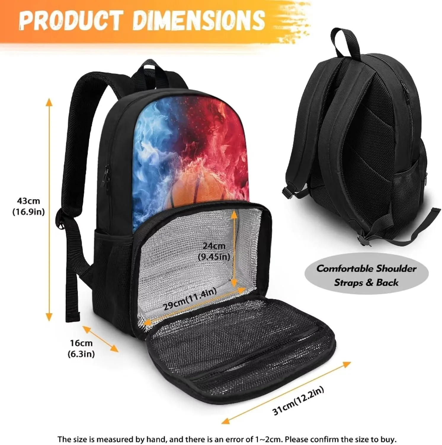 Rnyleeg Basketball Printing 17 Inch Insulated Cooler Backpack Lunch Box Hiking Picnic Cooler Backpack Meal Prep Backpack, Large Capacity School Bag for Boys
